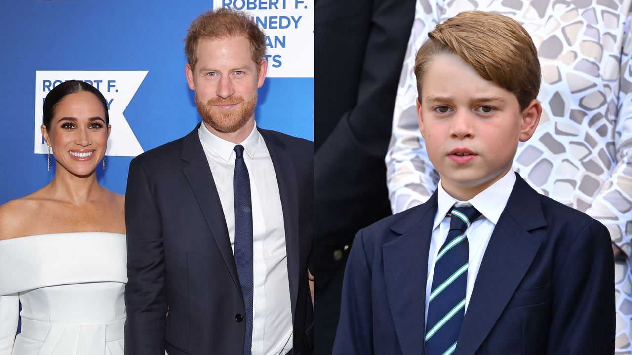 Meghan Markle and Prince Harry smiling, Prince George looks serious wearing suit