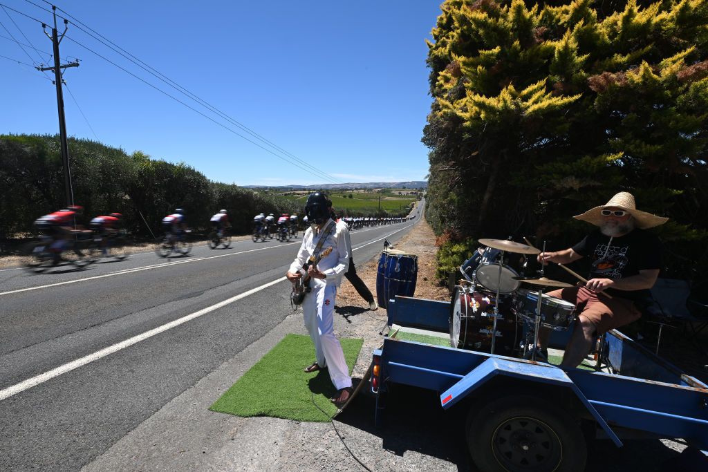 WILLUNGA HILL AUSTRALIA JANUARY 25 Fans play music while the peloton races during the 25th Santos Tour Down Under 2025 Stage 5 a 1457km stage from McLaren Vale to Willunga Hill 371m UCIWT on January 25 2025 in Willunga Hill Australia Photo by Dario BelingheriGetty Images