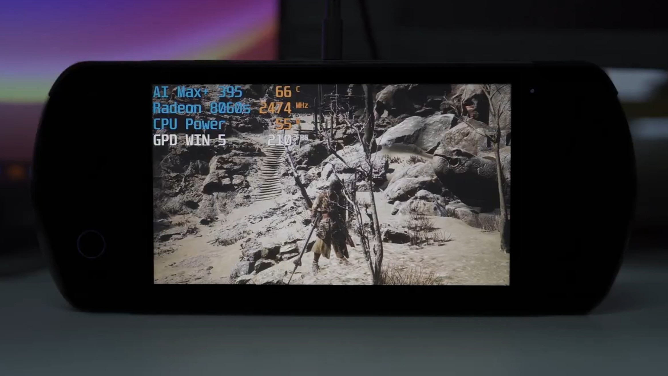 First teaser image of the GPD Win 5 handheld gaming PC running Black Myth: Wukong. 