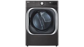 A black LG dryer on a white background