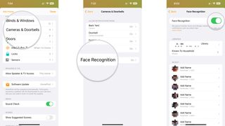 How to enable Face Recognition in the Home app on the iPhone by showing steps: Tap Cameras & Doorbells, Tap Face Recognition, Tap the Face Recognition toggle to enable.