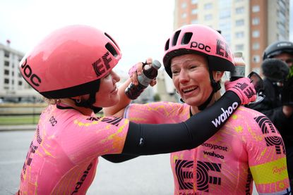 BURGOS SPAIN MAY 16 Stage winner Lotta Henttala of Finland and Team EF EducationCannondale R celebrates the victory with her teammate Noemi Ruegg of Switzerland L after the 9th Vuelta a Burgos Feminas 2024 Stage 1 a 123km stage from Villagonzalo Pedernales to Burgos UCIWWT on May 16 2024 in Burgos Spain Photo by Alex BroadwayGetty Images
