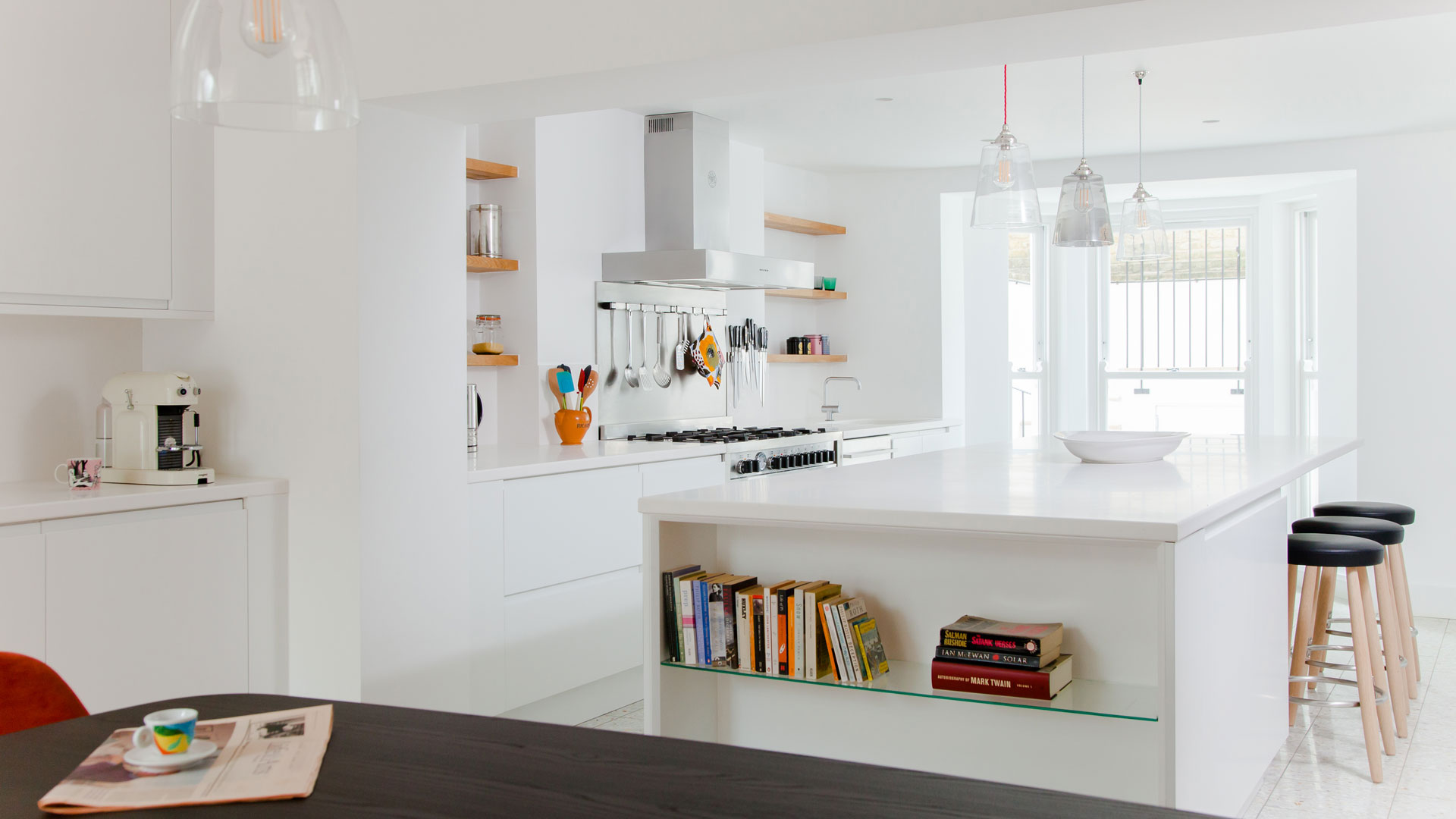 modern white kitchen with white kitchen island