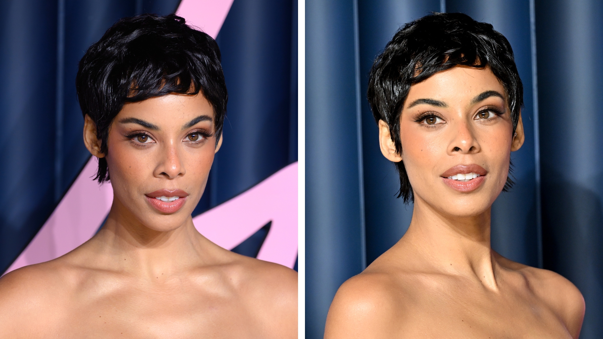 Collage of Rochelle Humes at the Fashion Awards 2025 showing her pixie cut and wearing a strapless gown