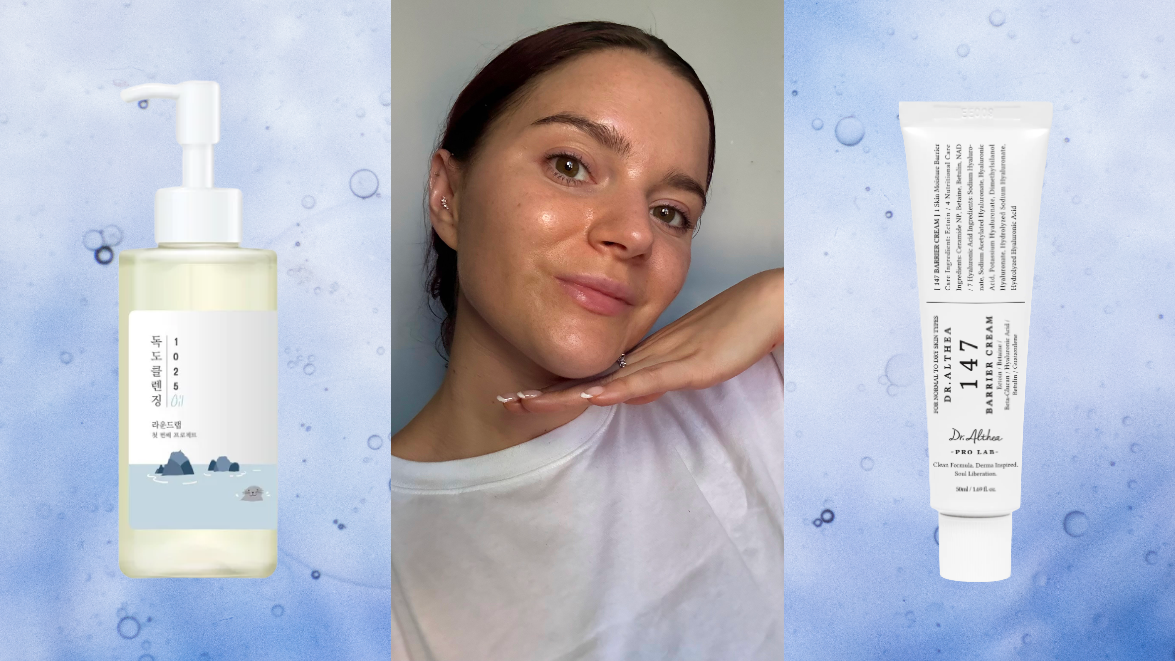 collage of Brooke Knappenberger selfie with bottles of Round Lab 1025 Dokdo Cleansing Oi and Dr. Althea147 Barrier Cream on blue bubble texture background
