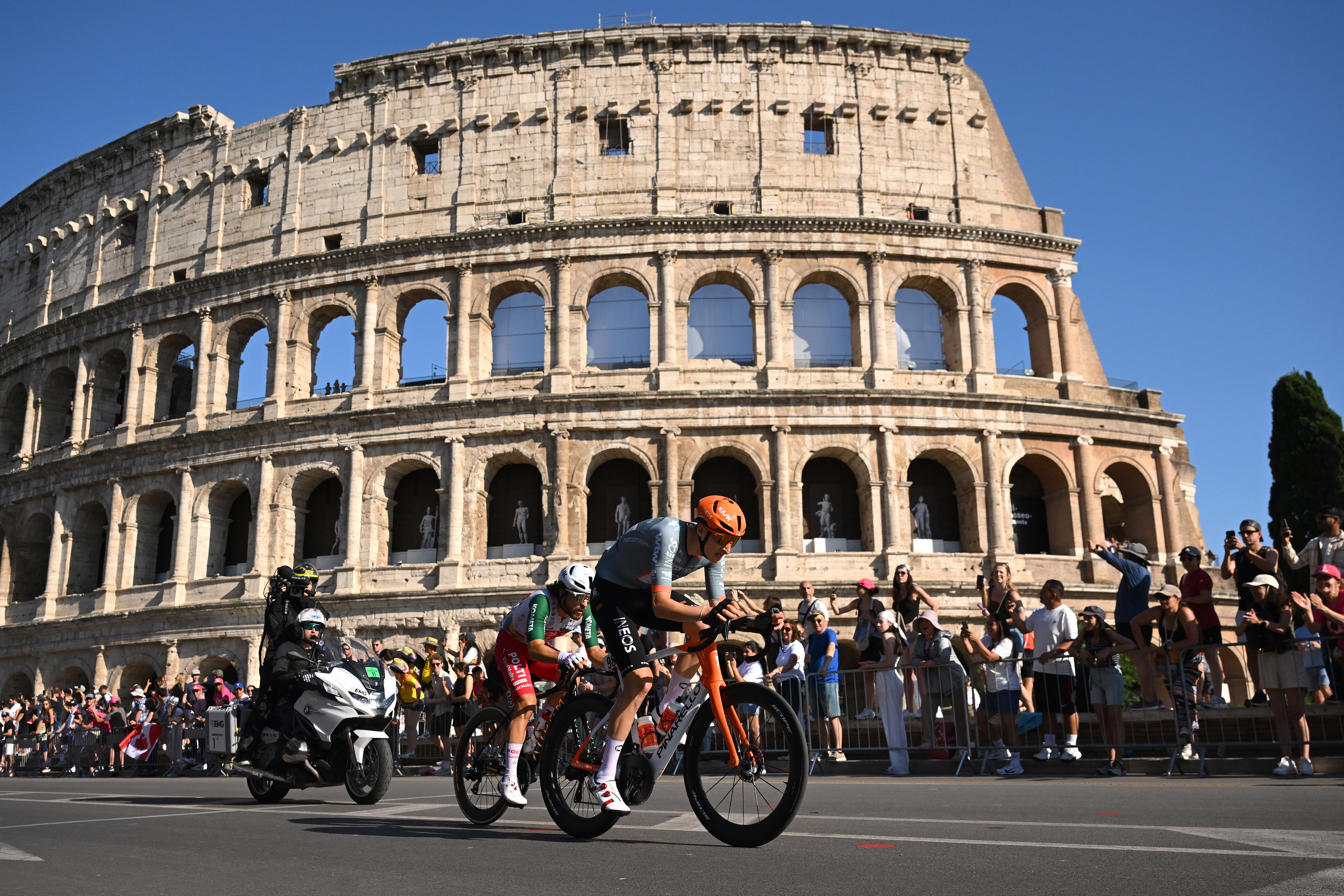 ROME, ITALY - MAY 31: (L-R) Andrea Mifsud of Malta and Team Polti VisitMalta and Ben Turner of Great Britain and Netcompany INEOS Cycling Team competing in the breakaway with the Colosseum in the background, during the 109th Giro d&amp;amp;apos;Italia 2026, Stage 21 a 131km stage from Rome to Rome 1289m / #UCIWT / on May 31, 2026 in Rome, Italy. (Photo by Dario Belingheri/Getty Images)