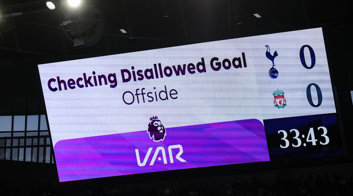 The giant screen shows a goal from Luis Diaz of Liverpool being checked for offside by VAR during the Premier League match between Tottenham Hotspur and Liverpool FC at Tottenham Hotspur Stadium on September 30, 2023 in London, England.