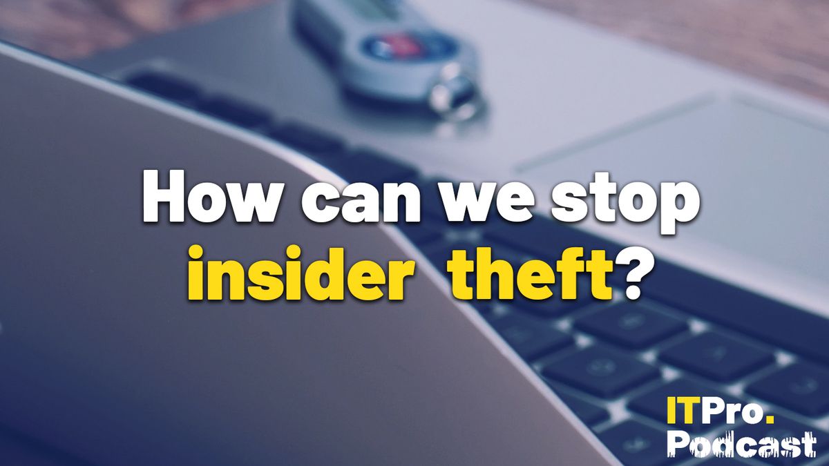 The words &#039;How can we stop insider theft?&#039; with &#039;insider theft&#039; highlighted in yellow and the other words in white, against a lightly blurred photo of a USB resting on a Mac keyboard