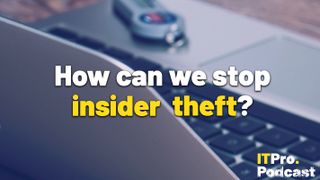 The words 'How can we stop insider theft?' with 'insider theft' highlighted in yellow and the other words in white, against a lightly blurred photo of a USB resting on a Mac keyboard