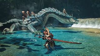 A warrior in ornate red armor holds a long sword in shallow water, facing a large, blue-scaled, serpentine dragon resting in the background pool.