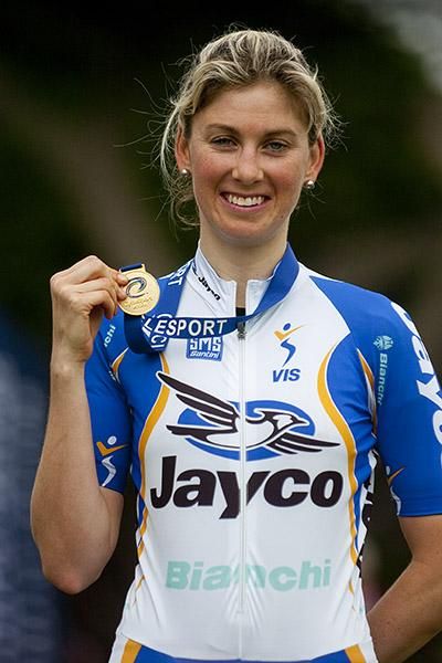 Joanne Hogan (Jayco VIS) proudly shows off her gold medal from the Victorian Open Womens Time Trial Championship.