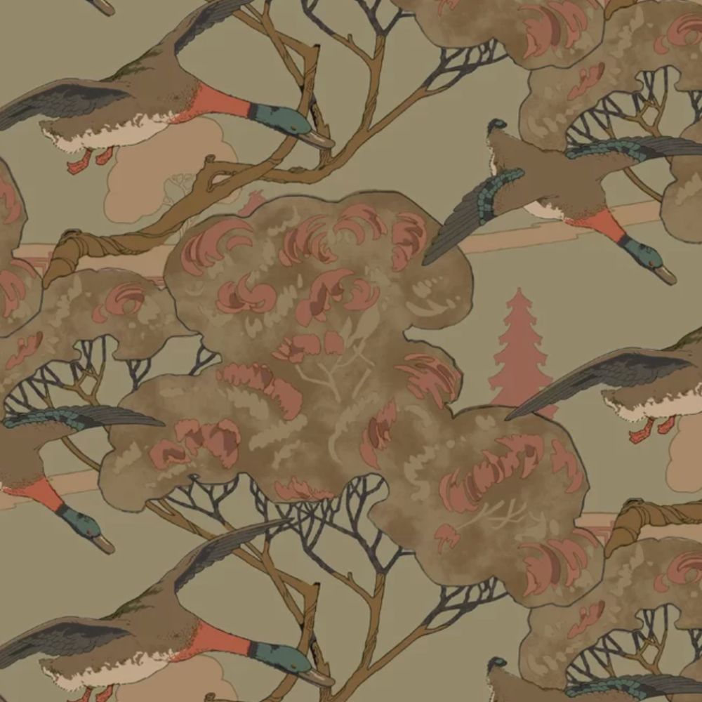 Flying ducks and trees wallpaper print in green and orange