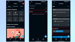 A series of screenshots showing how to set up an Alexa routine with the Ring Mailbox Sensor