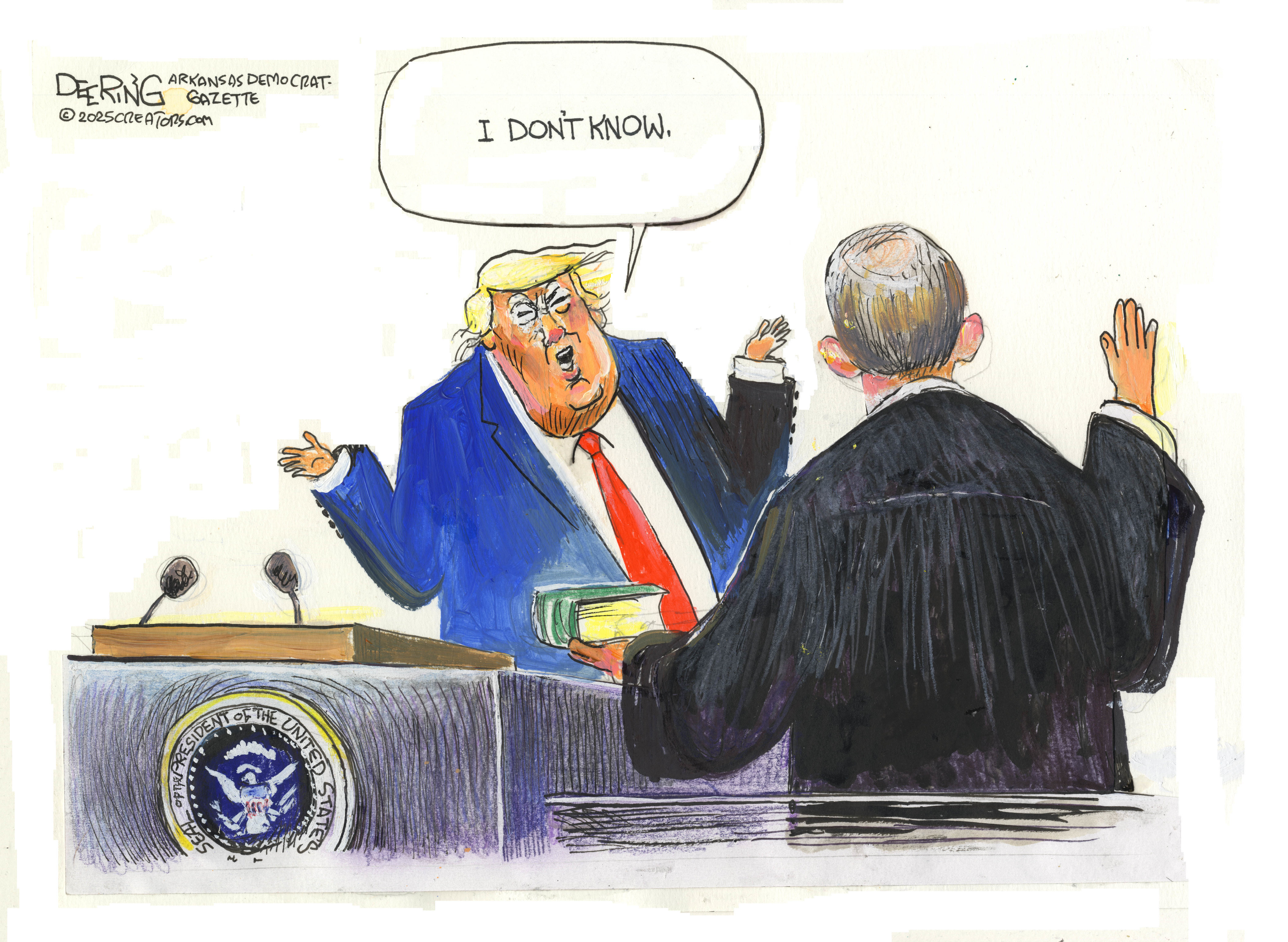 Chief Justice John Roberts is shown from the back holding a Bible and swearing in Donald Trump. Trump shrugs and says, "I DON'T KNOW."