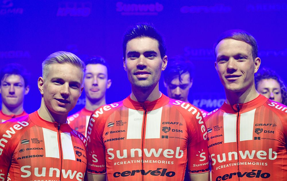 Tom Dumoulin wears the new Sunweb kit at the 2019 team presentation in Berlin