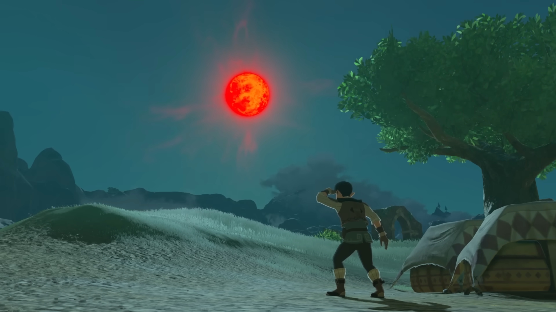 The Blood Moon shown over Hyrule in The Legend of Zelda: Breath of the Wild