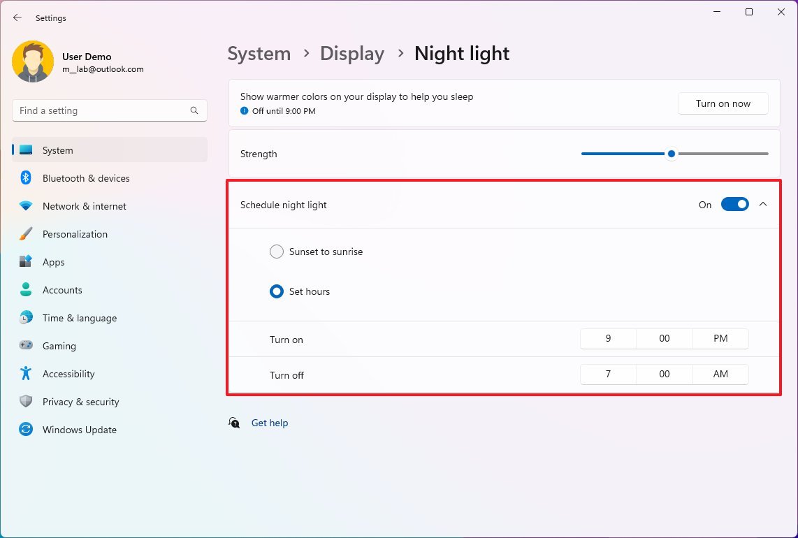 Расписание ночного освещения Windows 11