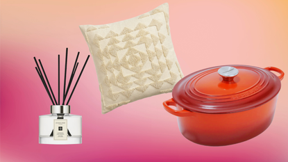 reed diffuser, pillow, and le cresuet dish
