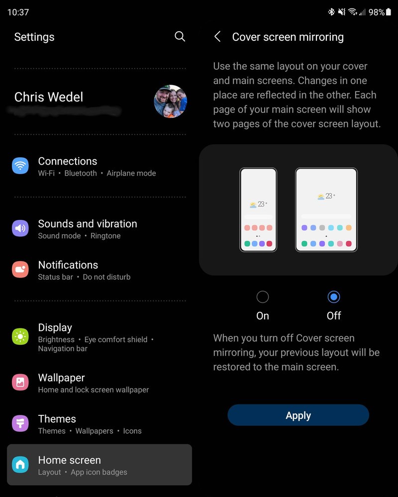 Samsung Galaxy Z Fold 3 Layout Mirror Screenshot
