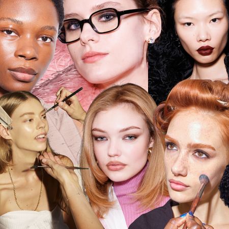 Collage of makeup looks with glowing skin, softly shaded eyes and nude to burgundy lips, plus close-ups of brushes and backstage application