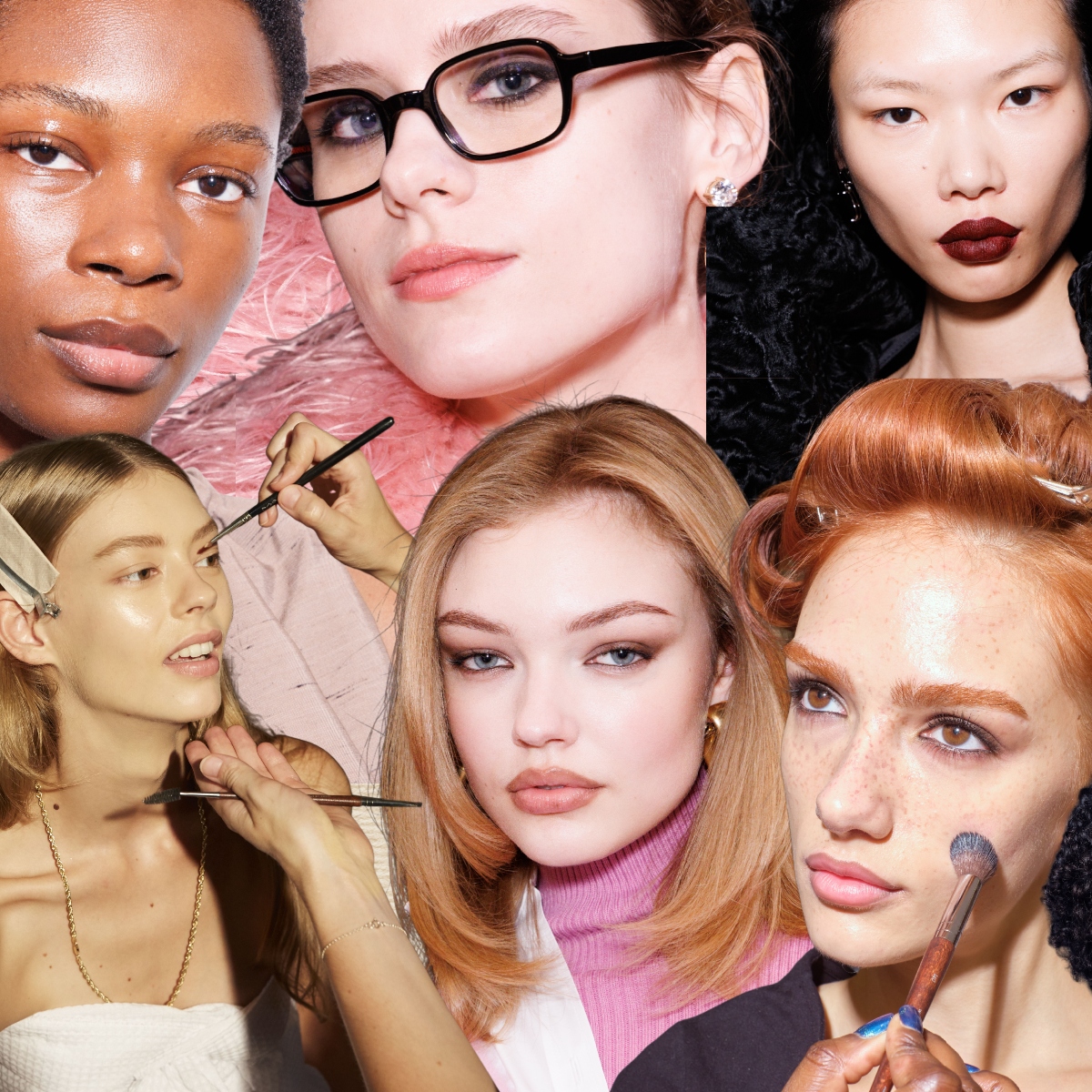 Collage of makeup looks with glowing skin, softly shaded eyes and nude to burgundy lips, plus close-ups of brushes and backstage application
