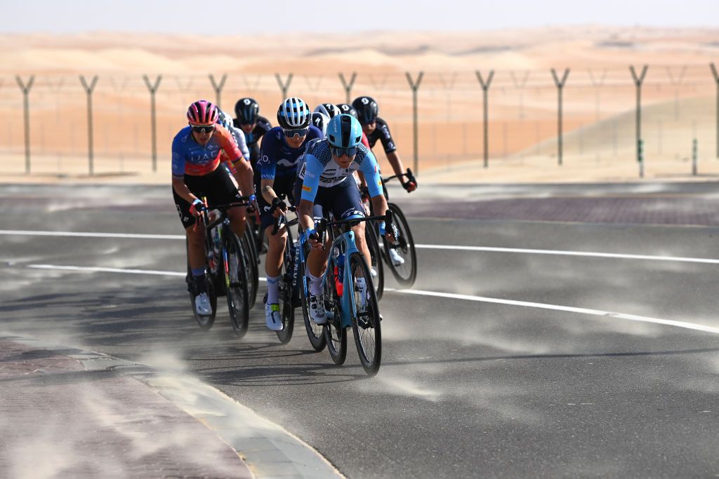 AL MIRFAUNITED ARAB EMIRATES FEBRUARY 10 Elisa Longo Borghini of Italy and Team Trek Segafredo leads the breakaway during the 1st UAE Tour Women 2023 Stage 2 a 133km stage from Al Dhafra Castle to Al Mirfa UAETourWomen on February 10 2023 in Al Mirfa United Arab Emirates Photo by Tim de WaeleGetty Images