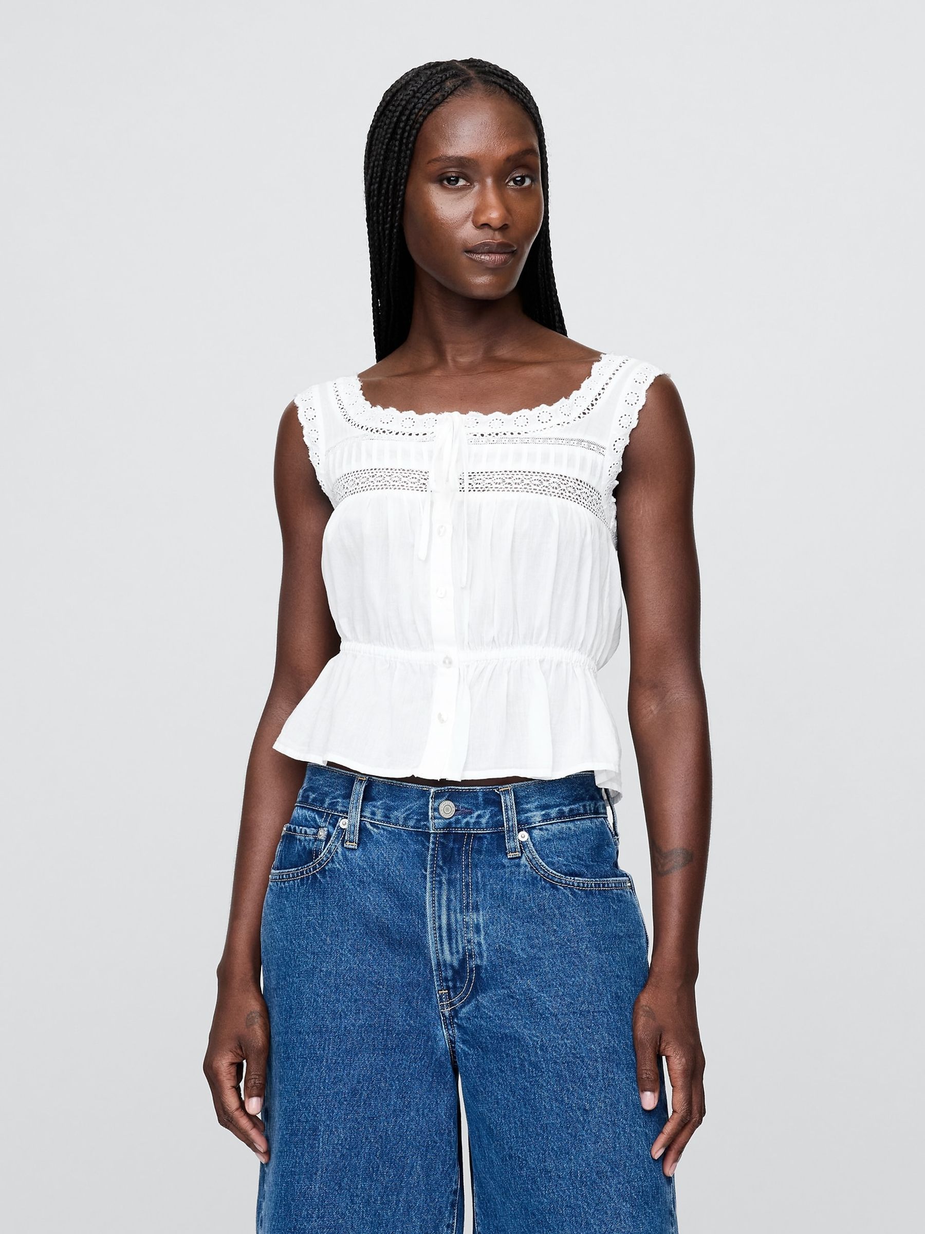 White Lace-Trim Peplum Crop Top
