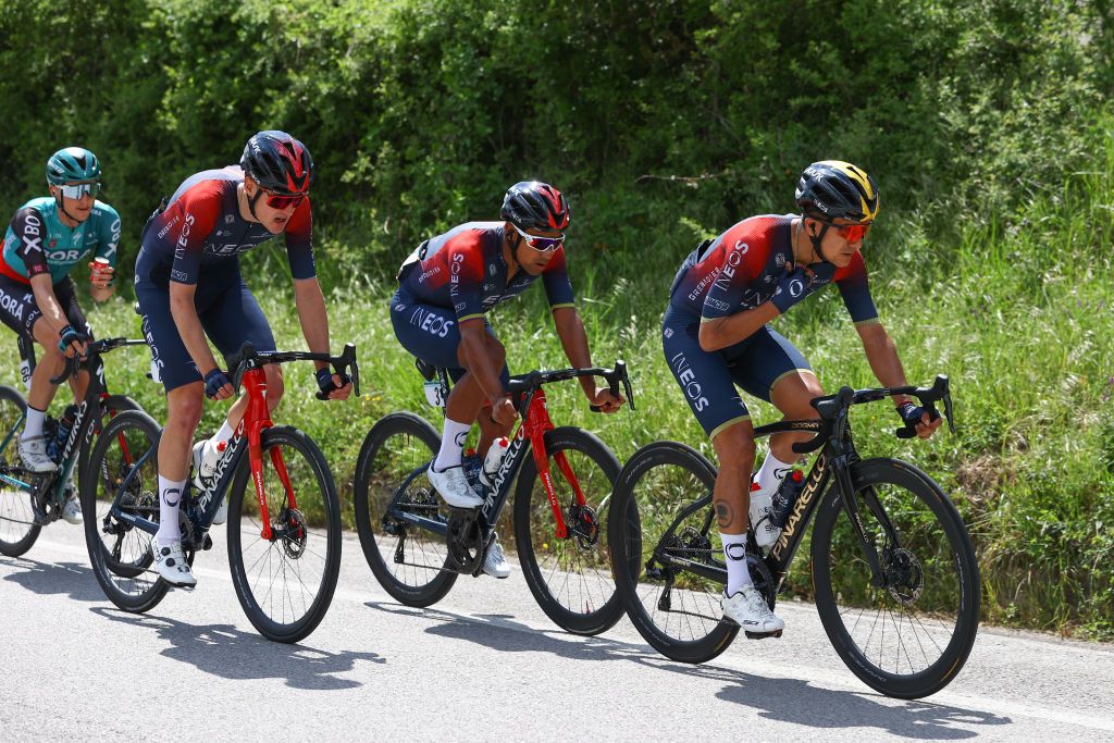 POTENZA ITALY MAY 13 LR Pavel Sivakov of Russia Jhonnatan Narvaez Prado of Ecuador and Richard Carapaz of Ecuador and Team INEOS Grenadiers compete during the 105th Giro dItalia 2022 Stage 7 a 196km stage from Diamante to Potenza 717m Giro WorldTour on May 13 2022 in Potenza Italy Photo by Michael SteeleGetty Images