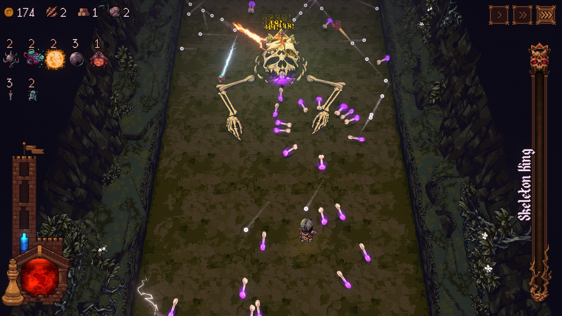 Shooting at a skeleton boss in Ball X Pit while avoiding thrown bones