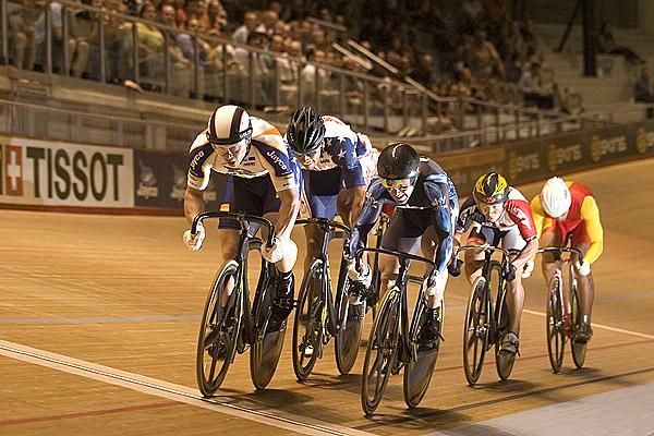 Action from a round of the mens' keirin at Hisense Arena in Melbourne.