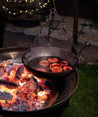 firepit lit outdoors in the winter