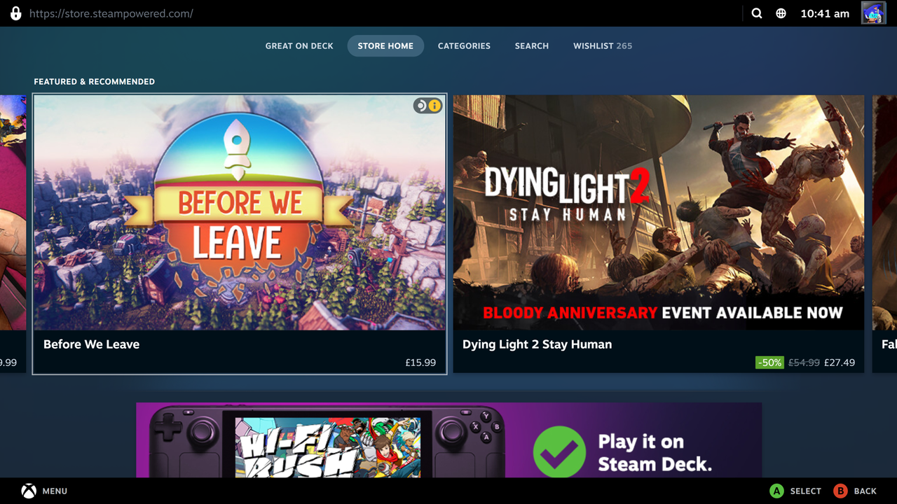 The main Steam store shown within the Steam client's new Big Picture UI.