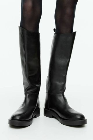 arket sale - black flat leather knee high boots