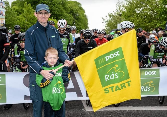 Local Dunboyne postman Matthew Edwards, and his son T&oacute;mas, get Stage 1 of the 2014 An Post R&aacute;s under way