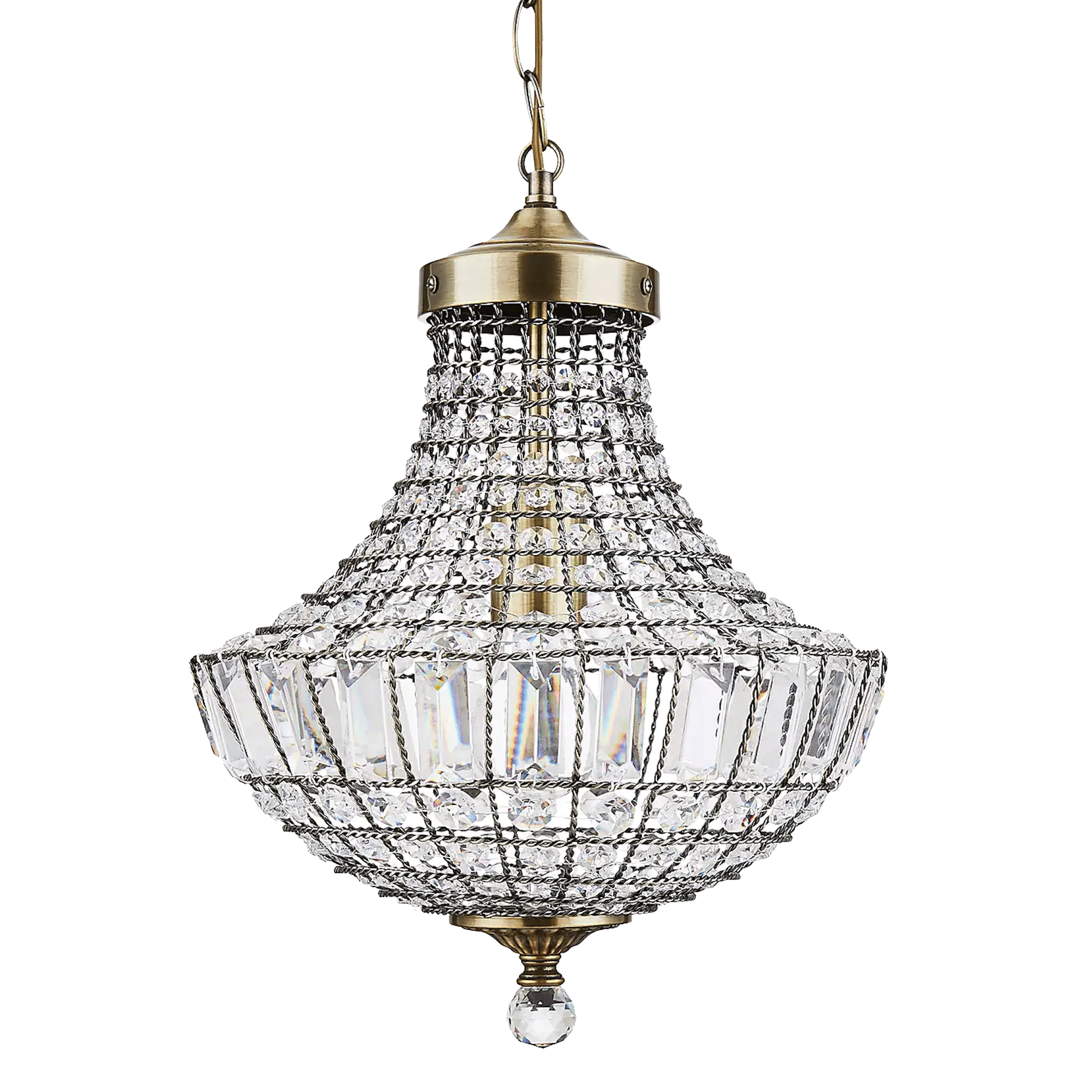 Dunelm Knightsbridge Crystal Antique Brass Chandelier against a white background