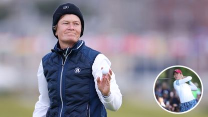 Catriona Matthew waves to the crowd as Nelly Korda strikes a tee shot with a driver