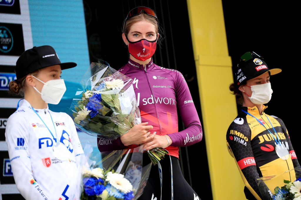 LANDERNEAU FRANCE JUNE 26 Demi Vollering of Netherlands and Team SD Worx celebrates at podium during the 8th La Course By Le Tour De France 2021 a 1077km race from Brest to Landerneau Cte De La Fosse Aux Loups 176m Mask Covid safety measures LaCourse LeTour TDF2021 UCIWWT on June 26 2021 in Landerneau France Photo by Christophe PetitTesson PoolGetty Images