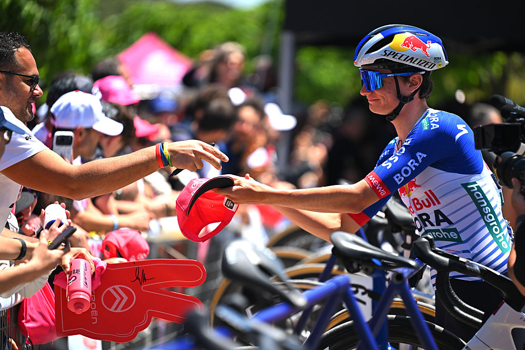 CATANZARO, ITALY - MAY 12: Giulio Pellizzari of Italy and Team Red Bull - BORA - hansgrohe prior to the 109th Giro d&amp;apos;Italia 2026, Stage 4 a 138km stage from Catanzaro to Cosenza / #UCIWT / on May 12, 2026 in Catanzaro, Italy.  (Photo by Tim de Waele/Getty Images)