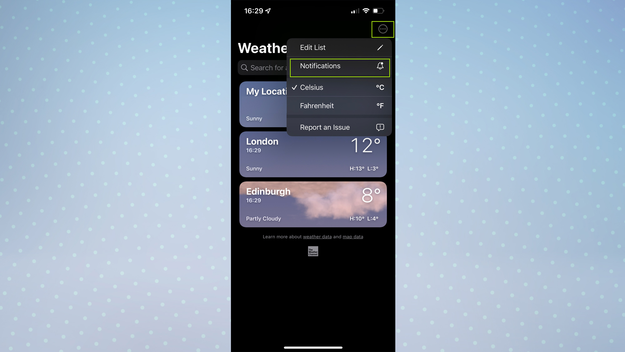 Приложение Погода для iOS 15 с выделенными тремя точками
