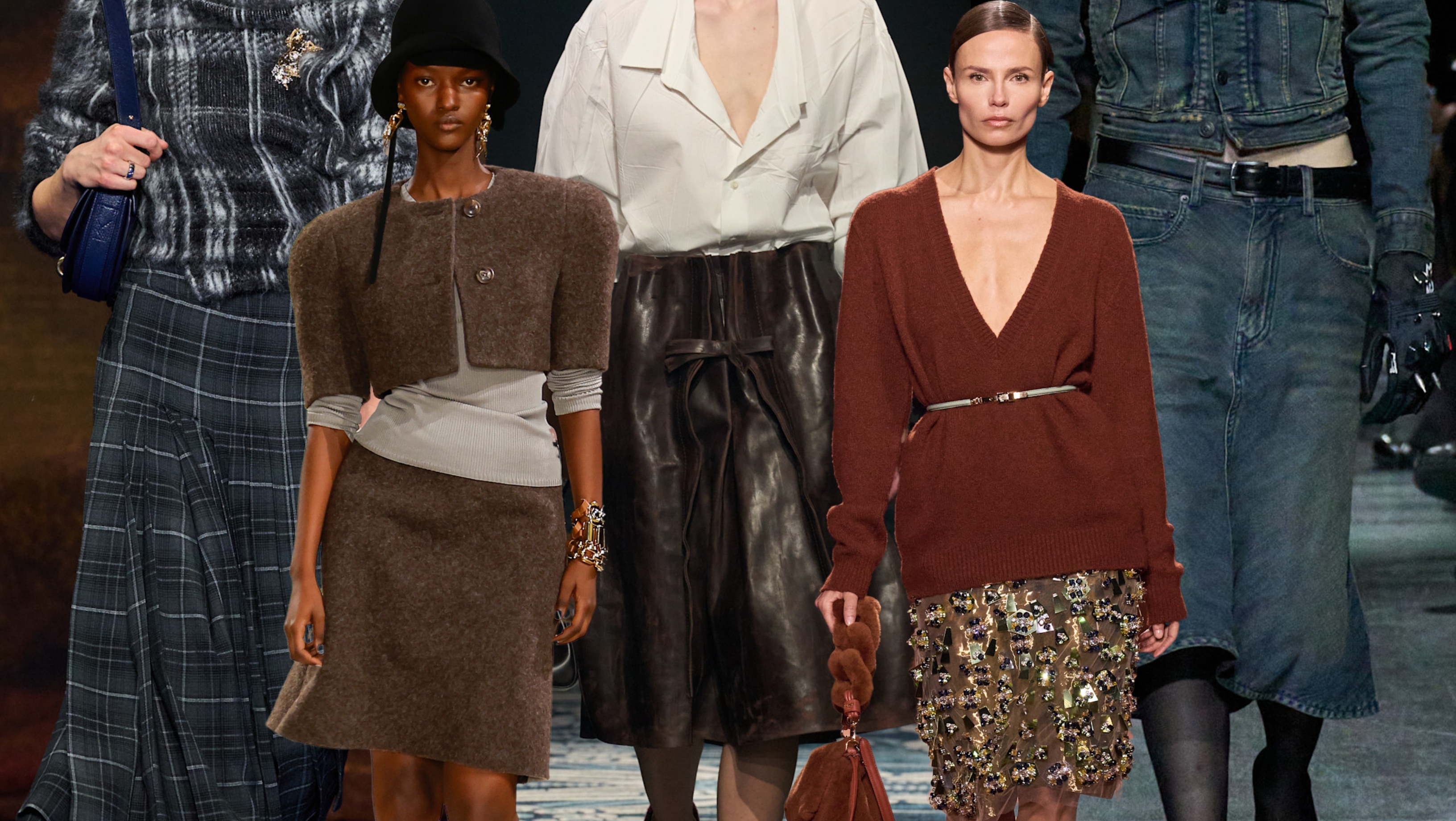 collage of women wearing fall 2025 skirt trends: leather skirts, plaid skirts, pencil skirts, sequin skirts, and denim skirts