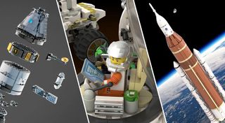 three different spacecraft made out of plastic bricks