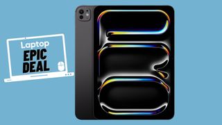 Space gray iPad Pro M4 against blue gradient background.