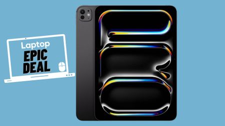 Space gray iPad Pro M4 against blue gradient background.