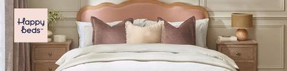 happy beds logo top left with wide image of a double bed