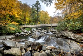 Tennessee bridge with autumnal colors and rocks in a river