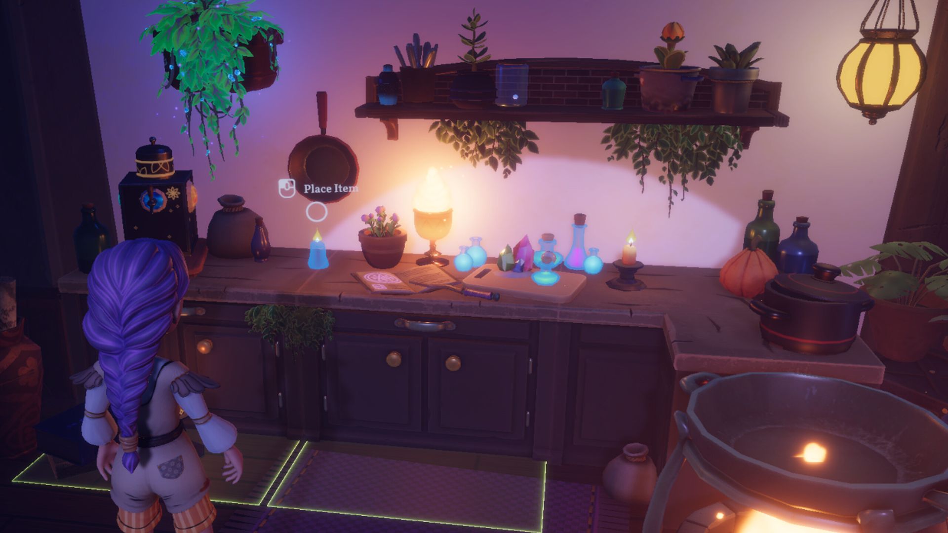 Screenshot of Magic Inn, showing a schoolgirl brewing potions on a dimly-lit counter top.
