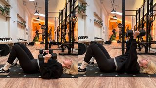Dumbbell floor press demonstrated by Mimi Bines, co-founder of Lift Studio