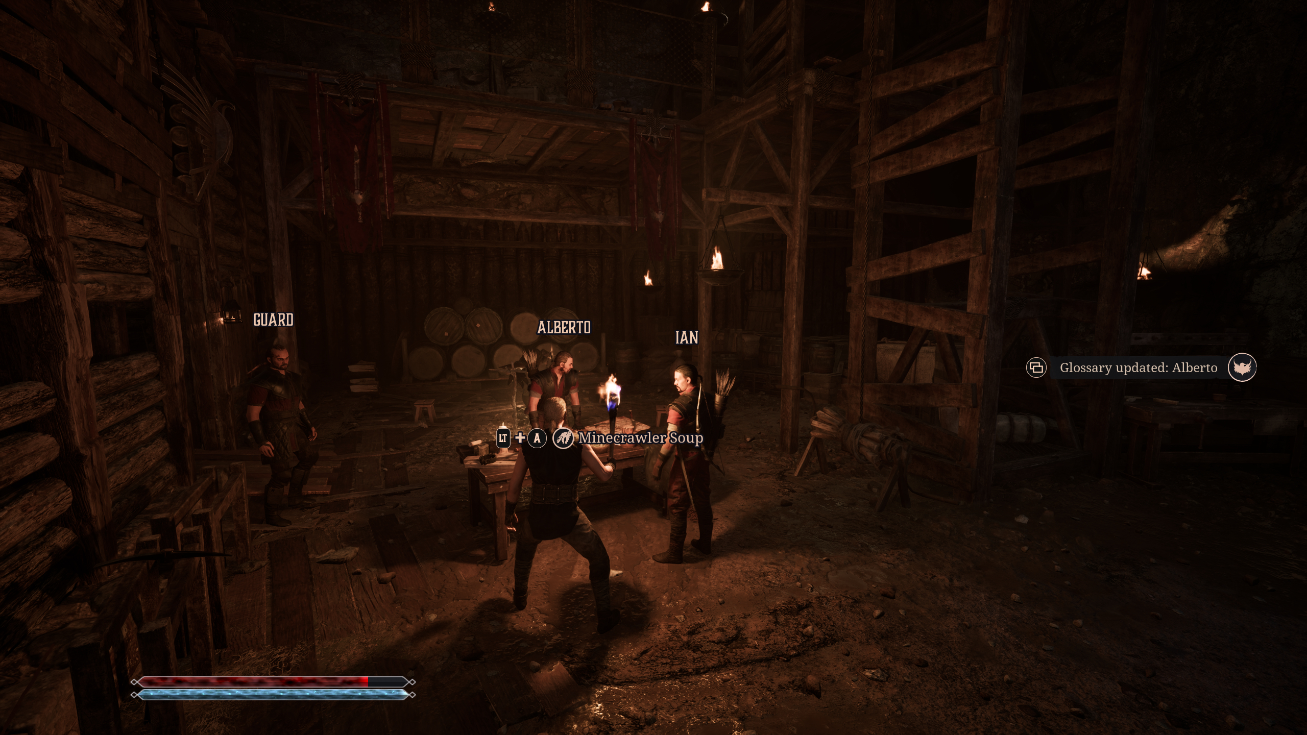 Gothic Remake New Camp: A player looking at Alberto and Ian at the bottom of the Old Mine.