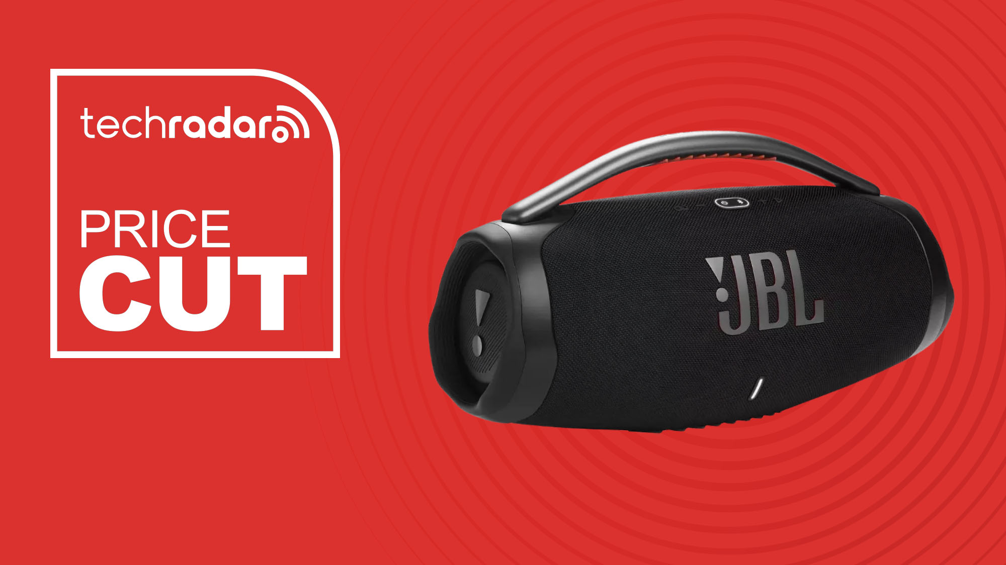 JBL Boombox 3 Portable Bluetooth Speaker on red background with TechRadar price cut sign