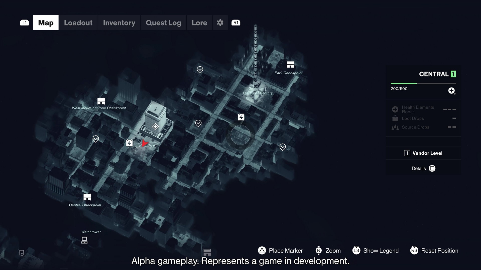 The map screen in Control Resonant's alpha gameplay footage shows several locations of interest